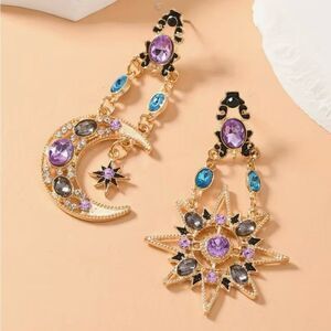 💜 Betsey Johnson Stunning Gold Celestial Earrings with Purple and Blue Accents 💜